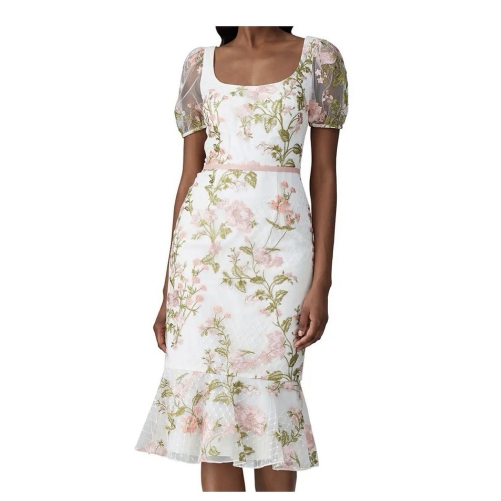 Marchesa Notte Sheath Dress Women 10 White Pink Floral Embroidered Puff Sleeve
